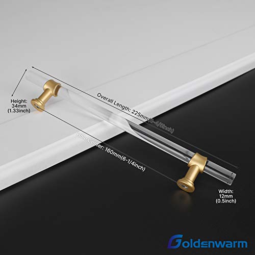 Goldenwarm 5 Pack 6-1/4 Inch Matte Gold Cabinet Pull Clear Acrylic Furniture Hardware Glass Cabinet Hardware for Kitchen Cupboard Bathroom - color: Matte Gold, size: 6.25"/160MM Hole Center