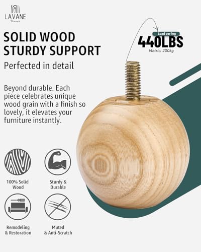 La Vane 2 inch Ash Wood Round Small Ball Furniture Bed Legs,Varnished,4PCS - color: Wood Color