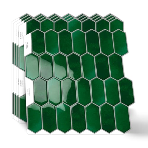 10-Sheet Long Hexagon Peel and Stick Kitchen Backsplash Tiles - color: Emerald Green
