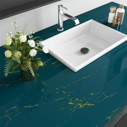 Livelynine 15.8x394 Marble Wallpaper Peel and Stick Contact Paper for Countertops Waterproof Renter Friendly Countertop Vinyl Wrap Gold and Teal Green Marble Countertop Self Adhesive Covering Kitchen - size: 15.8" x 394"