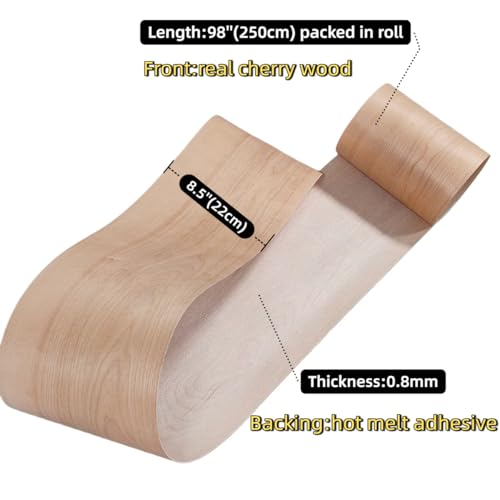 Cherry Wood Veneer Sheet,Flat Cut,8.5''x 98'',Iron On Stick Veneer Roll Without Paper,Pre-glued Hot Melt Self Adhesive Cherry Tape for Cabinet Furniture Plywood Laminate Speaker Renovation - color: Cherry