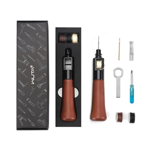 WUTA Repair Stitch Kit Leathercraft Stitch Awl Tool with 5 Pcs Small Chrome-Plated Needle, for Leather, Belt, Canvas, Fabric, Bag Repair Professional Stitcher Leather Craft Tool - style: Basic (Stitch Awl Kit+3 Colors Wax Thread)