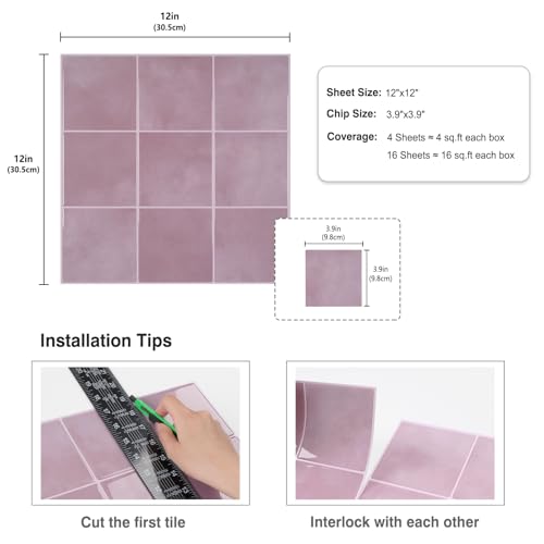 CRE8TIVE 16 Sheets Peel and Stick Tiles Backsplash, 12"x12" Backsplash Tile for Kitchen Peel and Stick, Adhesive Waterproof Tile Stickers for Bathroom, Laundry Room, Shower Walls (Pastel Pink Square) - size: 12"x12" (16-Sheets)