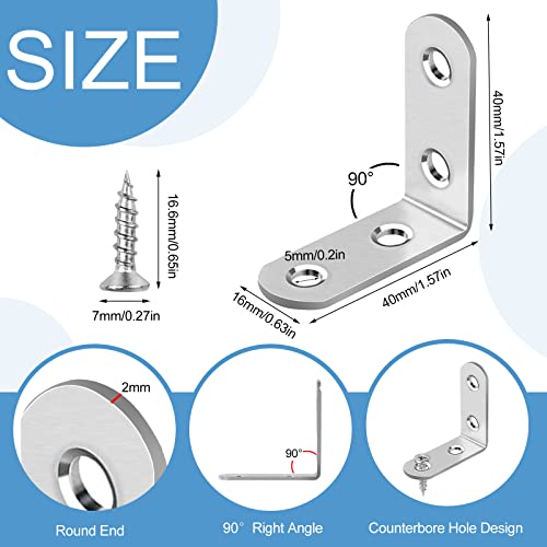 16 Pcs L Bracket Stainless Steel Corner Brace Sets, 90 Degree Right Angle Brackets with 64 Pcs Screws, L Bracket Firmware for Wooden Shelves, Chairs, Tables, Dressers, Furniture (Silver) - size: 16PCS | 40×40MM, style: Silver