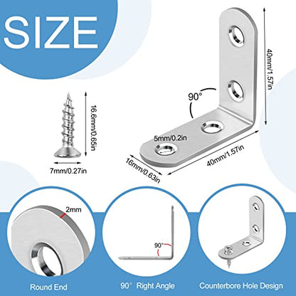 16 Pcs L Bracket Stainless Steel Corner Brace Sets, 90 Degree Right Angle Brackets with 64 Pcs Screws, L Bracket Firmware for Wooden Shelves, Chairs, Tables, Dressers, Furniture (Silver) - size: 16PCS | 40×40MM, style: Silver