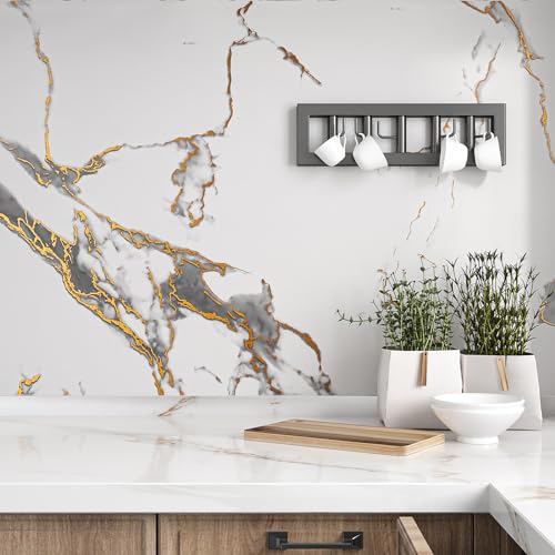 VEELIKE Wide Peel and Stick Countertops Luxury Gold White Marble Contact Paper for Countertops Waterproof Counter Top Contact Paper 24''x354'' Self Adhesive Marble Wallpaper for Kitchen Bathroom Table - size: 24" x 354"