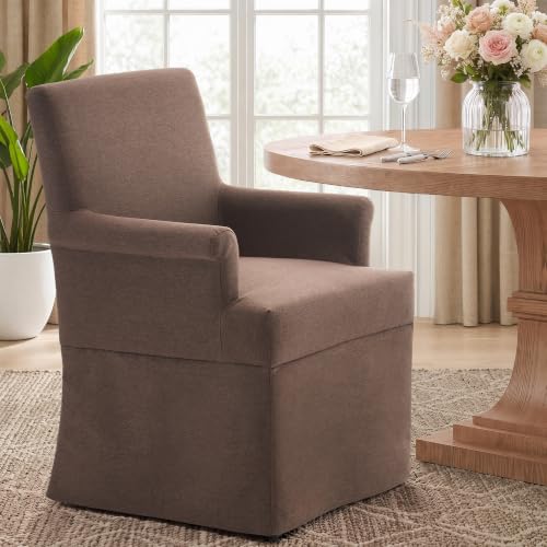 Arm Dining Chair Fabric Long Skirt Slipcovered High Back Upholstered Dinner - color: Brown, size: 4 PCS