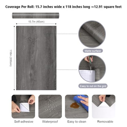 Grey Wood Contact Paper Peel and Stick Thick Oak Wood Grain Wallpaper for Kitchen Cabinet Countertop Contact Paper Waterproof Woods Self Adhesive Vinyl Wallpaper for Desk Table 15.7"x118" - size: 15.7" x 118"