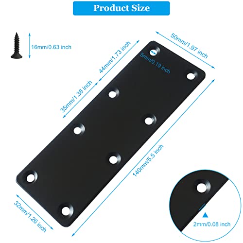 4 Pcs Black Flat Mending Plate Stainless Steel Flat Bracket 5.5 x 1.97 inch Metal Straight Brace Repair Joining Fixing Bracket for Wood, with Screws