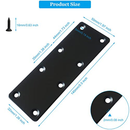 4 Pcs Black Flat Mending Plate Stainless Steel Flat Bracket 5.5 x 1.97 inch Metal Straight Brace Repair Joining Fixing Bracket for Wood, with Screws