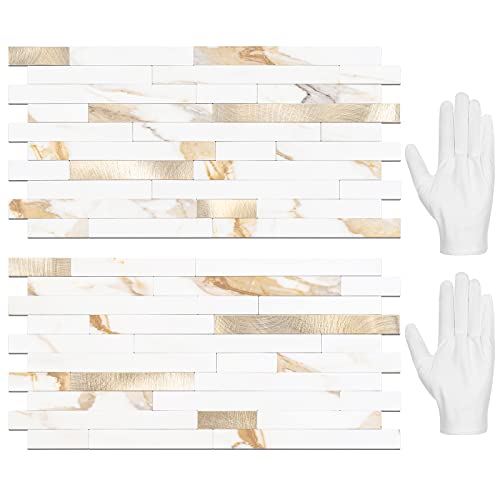 STICKGOO 20 Sheets Peel and Stick Backsplash Tile, Stick on Backsplash for Kitchen and Bathroom, Calacatta Gold Marble Look PVC Mixed Gold Self Adhesive Wall Tiles - color: Calacatta Gold + Metal Gold