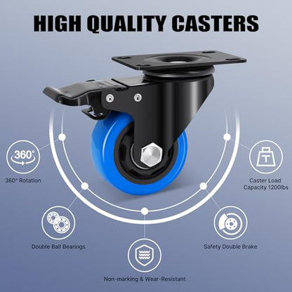 Casters Wheel 3 Inch Set of 4, 1200 Lbs Heavy Duty Casters, Safety Dual Locking Industrial Swivel Top Plate Casters Wheels for Furniture and Workbench Cart(2 Spanners and Free Screws) - size: 3inch