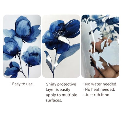 Floral Rub on Transfer for Furniture Wood Glass DIY - color: Blue Poney