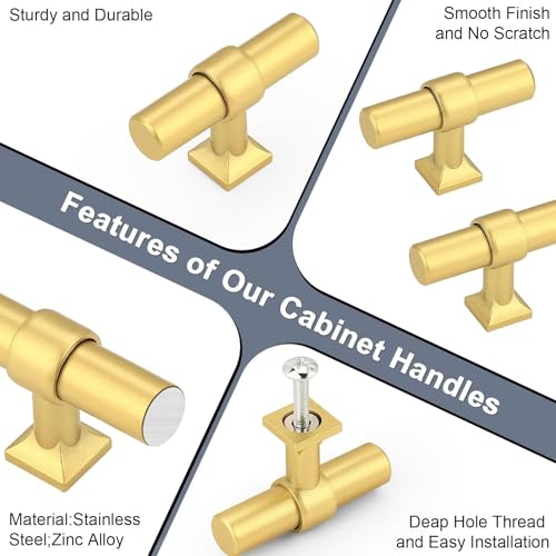 Brushed Brass Cabinet Knobs Single Hole T Bar 10 Pack - color: Brushed Brass, size: Single Hole-2inch Length