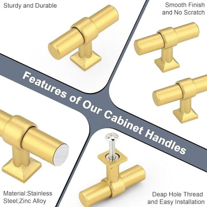 Brushed Brass Cabinet Knobs Single Hole T Bar 10 Pack - color: Brushed Brass, size: Single Hole-2inch Length