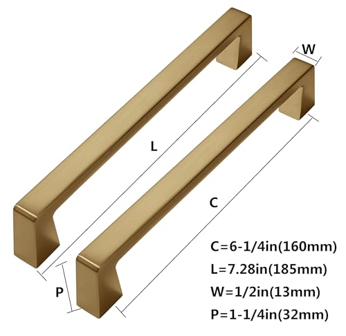Khtumeware 2 Pack Gold Cabinet Pulls - Brushed Brass Drawer Handles - Modern Dresser Hardware - Zinc Alloy Pulls for Kitchen - 6-5/16 Inch(160MM) Hole Centers - color: Brushed Brass, size: 6-1/4 inch hole center