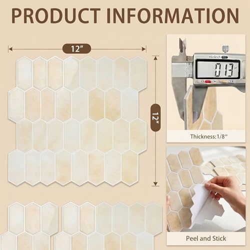 Arttown Peel and Stick 3D Wall Backsplash, 10-Sheet, 12" × 12" Hexagon - color: Beige Hexagon, size: 10PC 12"x12"