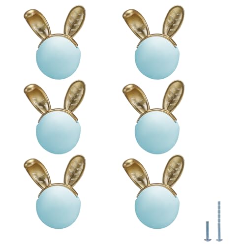 6 pcs Blue Rabbit Cute Cartoon Ceramic Cabinet Handles Kitchen knobs Door Pull Drawer Pulls for Kitchen Wardrobe Children's Room - color: blue rabbit