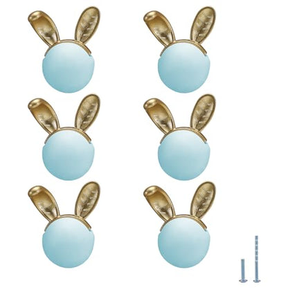 6 pcs Blue Rabbit Cute Cartoon Ceramic Cabinet Handles Kitchen knobs Door Pull Drawer Pulls for Kitchen Wardrobe Children's Room - color: blue rabbit