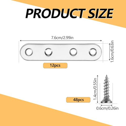 Mending Plates Flat Brackets, 12Pcs Stainless Steel Straight Brace Brackets