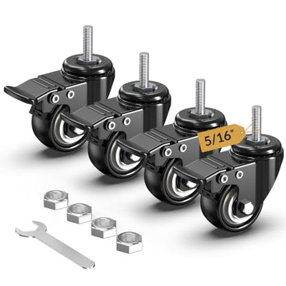 HOLKIE Caster Wheels 2 inch Total Locking Stem Casters, 5/16" -18 x 1" (Stem Diameter 5/16", Stem Length 1") Threaded Stem Casters Swivel Casters Set of 4 Heavy Duty Castors Black - size: 2 Inch-Black-With Brake (5/16" -18 x 1")