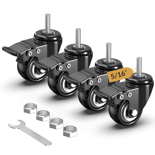 HOLKIE Caster Wheels 2 inch Total Locking Stem Casters, 5/16" -18 x 1" (Stem Diameter 5/16", Stem Length 1") Threaded Stem Casters Swivel Casters Set of 4 Heavy Duty Castors Black - size: 2 Inch-Black-With Brake (5/16" -18 x 1")