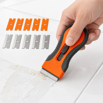 Razor Blade Scraper Tool with 20pcs Extra Blades, Razor Blade Retractable,Safety Lock Paint Stripping Tool, for Removing Labels, Stickers, Decals, Paint from Glass - color: Telescopic scraper