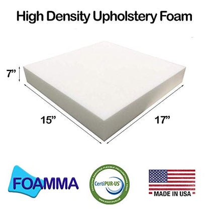 FOAMMA 7" x 15" x 17" Upholstery Foam High Density Foam (Chair Cushion Square Foam for Dinning Chairs, Wheelchair Seat Cushion Replacement) - size: 7" x 15" x 17"