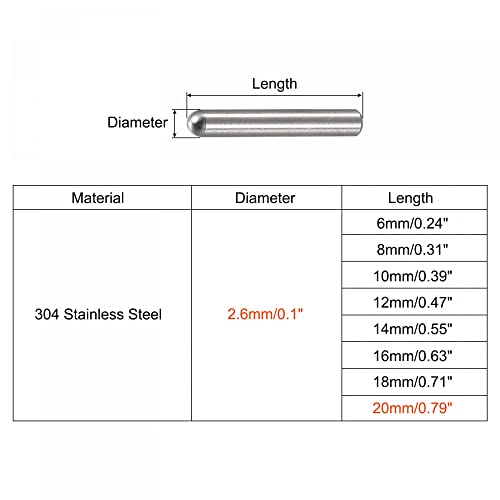 uxcell 2.6x20mm Dowel Pins, 50pcs 304 Stainless Steel Round Head Flat Chamfered End Dowel Pin Bunk Bed Pins Shelf Pegs Support Shelves Fasten Elements - size: 2.6x20mm