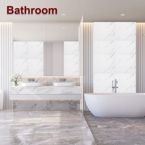 HARFINGTON 15pcs Peel and Stick Marble Tiles, Waterproof Wall Panel Backsplash, 12"x12" PVC Peel and Stick Shower Tiles for Bathroom, Kitchen, Living, Elegant White Design - style: Elegant White
