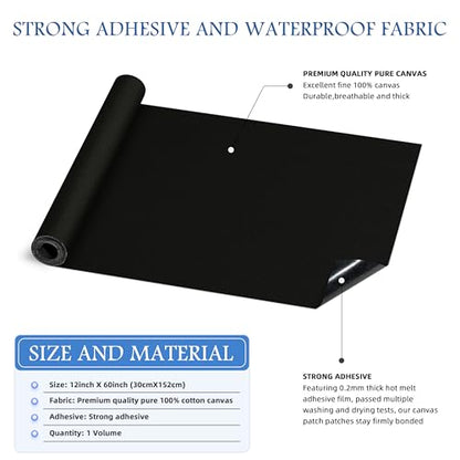 KING MOUNTAIN Canvas Iron on Patch,12"×60",Waterproof 100% Cotton Fabric Repair Patch,Used for Various Sofa,Tent,Clothes,Seats,Suitcases (Black,Waterproof) - color: Black, size: Canvas-12x60