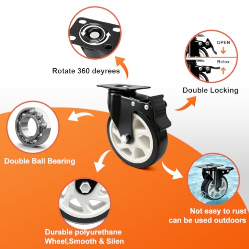 5 Inch Heavy Duty Black Caster Wheel Set of 4,Dual Brake, Silence - color: black, size: 5 inches