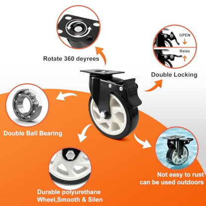 5 Inch Heavy Duty Black Caster Wheel Set of 4,Dual Brake, Silence - color: black, size: 5 inches