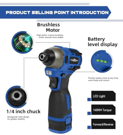 140Nm 17V Brushless Impact Screwdriver with 2 Batteries (Blue) - color: Blue, size: 17V Brushless Screwdriver