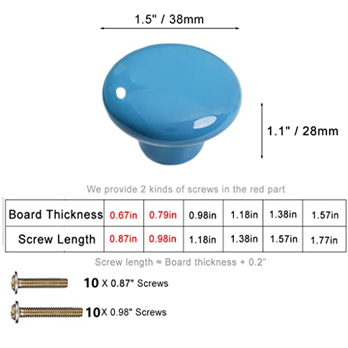 1.5" Large Mushroom Shape Glossy Ceramic Cabinet Knobs, 10Pcs Round Shape Cute Ceramic Drawer Knobs Kids Child Pulls Handles for Dressers Cupboard Wardrobe Dia. 1.5inch (Blue, Dia. 1.5") - color: Blue