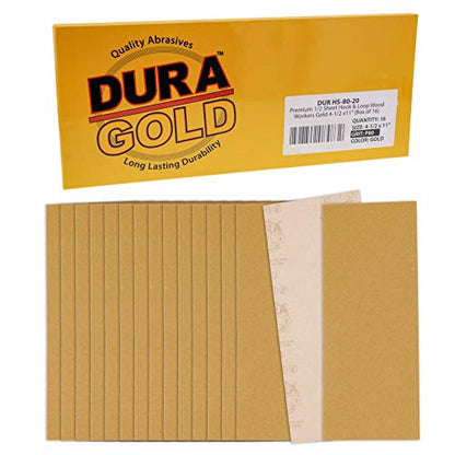 Dura-Gold Premium 1/2 Sheet Gold Sandpaper Sheets, 80 Grit (Box of 16) - size: 80-Grit