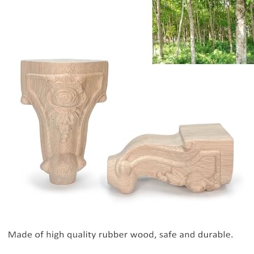 Wooden Furniture Legs with Mounting Plates Screws Set of 4 4 Inch Solid Wood Unfinished Rose European Style Replacement Furniture Feet for Couch Cabinet Sofa Ottoman TV Stand Home DIY Projects (4inch)