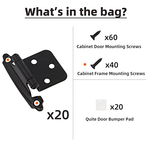 Decobasics 1/2" Overlay Matte Black Cabinet Hinges (10 Pair -20 Pcs) Self Closing Bath & Kitchen Cabinet Hinges Black Flush Mount w/Door Bumpers & Upgraded Screws - color: Matte Black, size: 20 Pack