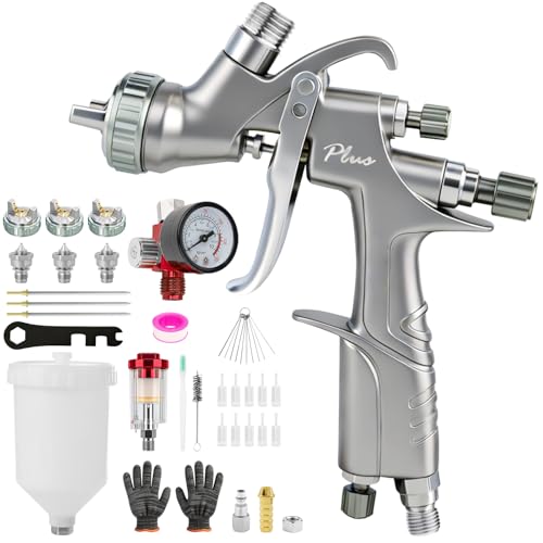 A610 LVLP Air Spray Gun with 1.3/1.5/1.7mm Nozzles & Air Regulator & Oil Water Separator, Paint Sprayer R500 Upg Automotive Paint Gun for House Painting, Cars, Fence, Varnish&Top Coat - color: Silver 2