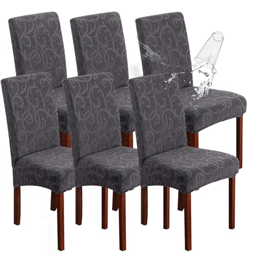 Waterproof Dining Room Chair Covers, Stretch Parsons Chair Slipcovers - color: Flower Pattern-dark Gray, size: Regular-6 Pack