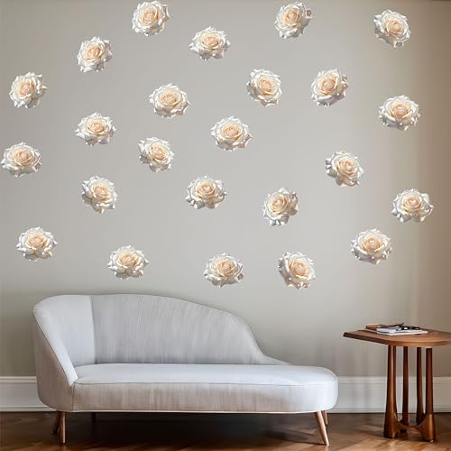 Watercolor Roses Wall Decals, 24 Large Easy Peel & Stick Roses Stickers, Premium Removable and Repositionable Floral Wall Art Fabric Stickers (White) - color: White