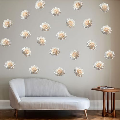 Watercolor Roses Wall Decals, 24 Large Easy Peel & Stick Roses Stickers, Premium Removable and Repositionable Floral Wall Art Fabric Stickers (White) - color: White