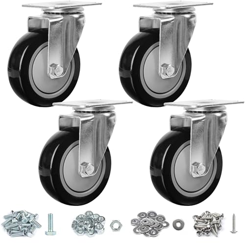 Finnhomy 4” Inch Swivel Casters Wheels Set of 4 Plate Casters Heavy Duty Premium Polyurethane PU Wheels for Furniture/Workbench Load Bearing 2,600 Lbs Anti-wear Smooth Casters Black (Free Screws) - style: 4" (No Brake)