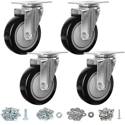Finnhomy 4” Inch Swivel Casters Wheels Set of 4 Plate Casters Heavy Duty Premium Polyurethane PU Wheels for Furniture/Workbench Load Bearing 2,600 Lbs Anti-wear Smooth Casters Black (Free Screws) - style: 4" (No Brake)