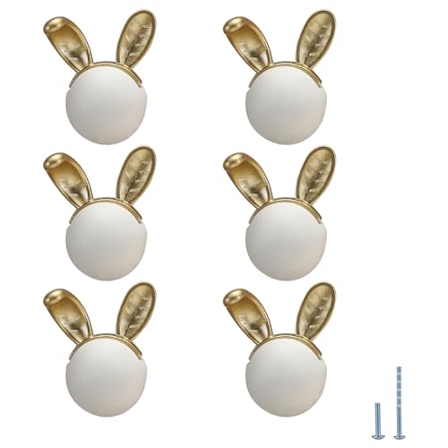 6 pcs White Rabbit Cute Cartoon Ceramic Cabinet Handles Kitchen knobs Door Pull Drawer Pulls for Kitchen Wardrobe Children's Room - color: white rabbit