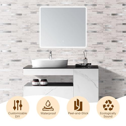 Peel and Stick Backsplash Tile Waterproof Removable PVC Wall Sticker 3D Faux Stone Marble Brick White Accent Panels (Polished Eurasia Silver - Gray, 20 Tiles - 9 sq. ft. (0.84 M²)) - color: Polished Eurasia Silver - Gray, size: 20 Tiles - 9 sq. ft. (0.84