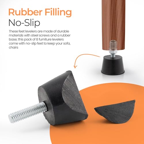 NEWBYTEK Adjustable 1/4" Rubber Threaded Furniture Levelers - 8 Pack - size: 1/4-20 Thread, 8 Pack