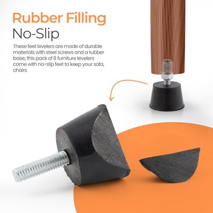 NEWBYTEK Adjustable 1/4" Rubber Threaded Furniture Levelers - 8 Pack - size: 1/4-20 Thread, 8 Pack
