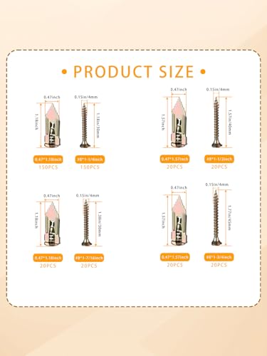 Self Drilling Drywall Anchors Kit with Screws 420PCS - 2 Sizes Sheetrock Anchors & 4 Sizes Zinc Expansion Screws,No Drill or Holes in Wall for Wall Hanging,Various scenarios - size: MDZT-420PCS