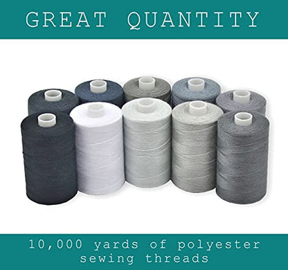 BlesSew Gray Sewing Threads - 10 Large Spools of Polyester Thread for Hand, Quilting & Sewing Machine - Grey Shades Plus Black & White - 1000 Yards Per Spool - color: Gray-Black-White